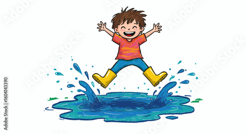Joyful Child in Yellow Boots Happily Jumping in a Puddle, Splashing Water with Enthusiasm on a Bright Day