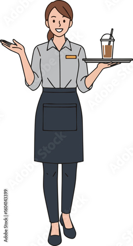 Vector illustration of a female barista serving coffee with a friendly smile, wearing an apron and standing by a coffee machine.