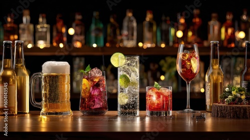 The vibrant display of assorted cocktails and beer at a lively bar setting.