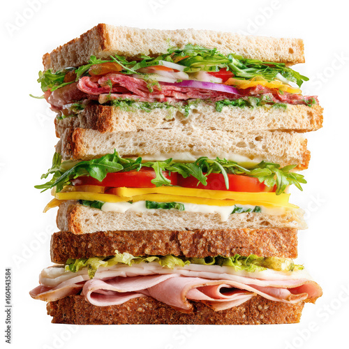 A tall stacked deli sandwich loaded with meats cheeses and fresh vegetables isolated on transparent background