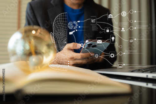 AI Artificial Intelligence technology for education. Modern digital learning, courses for developing new skills and e-learning.