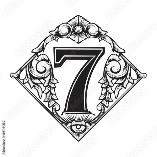Number seven with 3d bevel classic ornaments, engraving, and linocut style illustration
