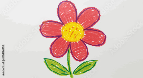 Innocent crayon drawing of a simple red flower. A colorful and charming piece of naive art created by a child.