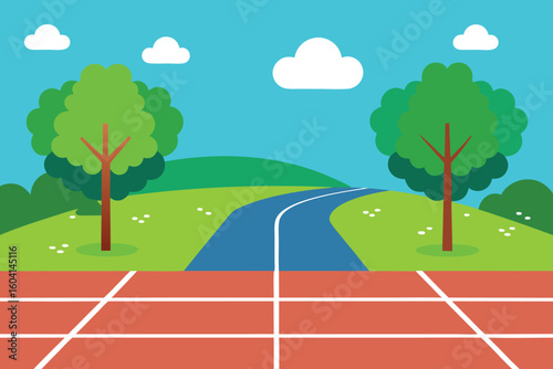 A running track leading to a scenic winding road through a green landscape