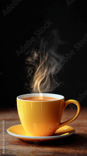 Steaming yellow cup of coffee on wooden table creates a cozy atmosphere perfect for morning routines and relaxation