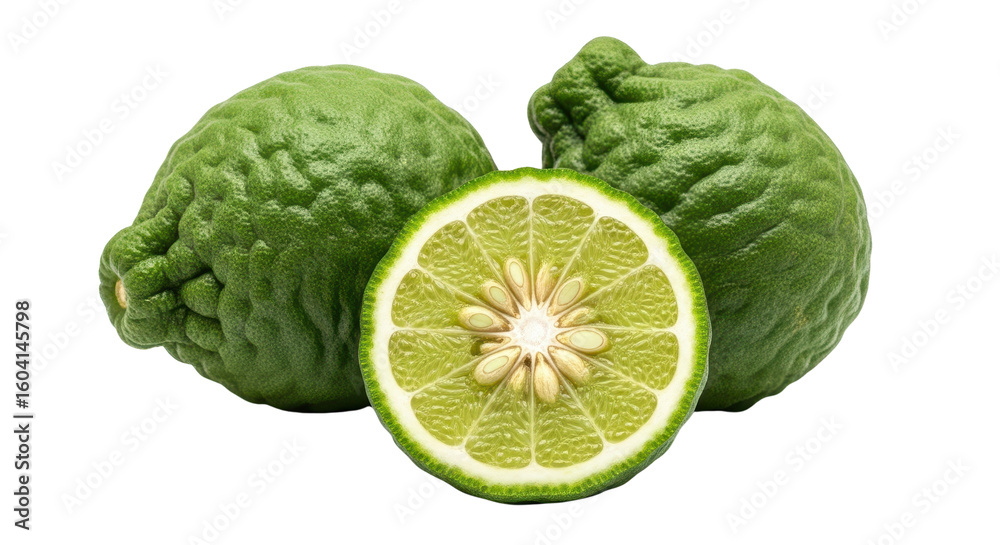 Obraz premium Fresh Kaffir Lime Whole and Halved with Visible Seeds, Vibrant Green Citrus Fruit Isolated on White Background for Culinary and Aromatic Use