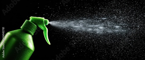 The vibrant green spray bottle releasing a fine mist in the air.