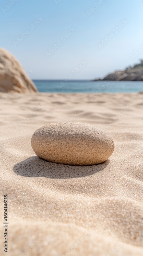 Obraz premium A perfectly smooth, sun-kissed stone rests on golden sands, gazing towards the tranquil, azure ocean under a boundless, clear sky.
