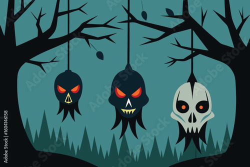 Spooky Halloween concept with demonic skulls hanging from trees in a dark haunted forest at night