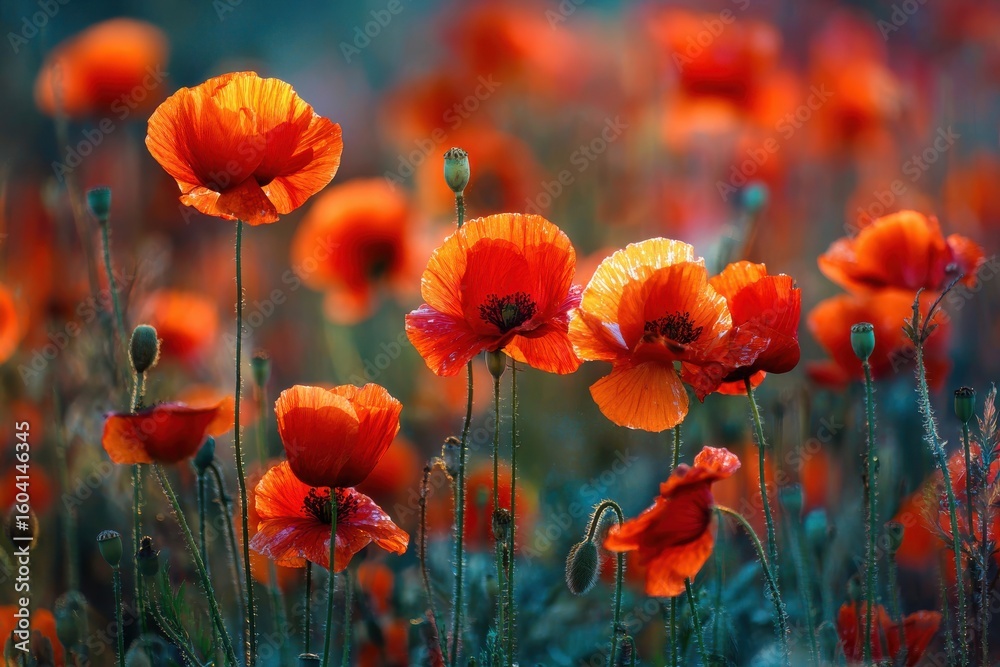 Fototapeta premium Vibrant poppy blooms swaying gently under warm sunlight in an enchanting meadow
