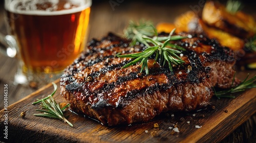 Grilled steak beer board with rustic wood background, hearty pub meal food styling concept for culinary design ads