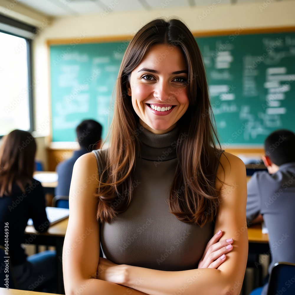 Fototapeta premium Confident young female teacher in classroom — standing with arms crossed in front of chalkboard, surrounded by focused students, illustrating dedication and authority in a bright academic setting.