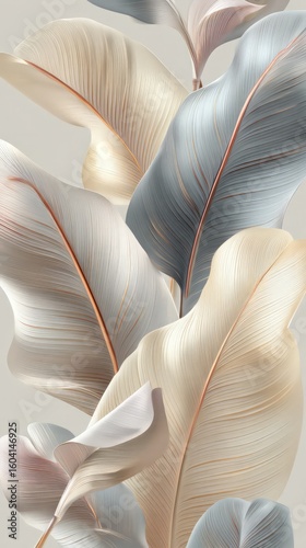 Abstract Floral Design With Beige Cream Grey Gold Leaves