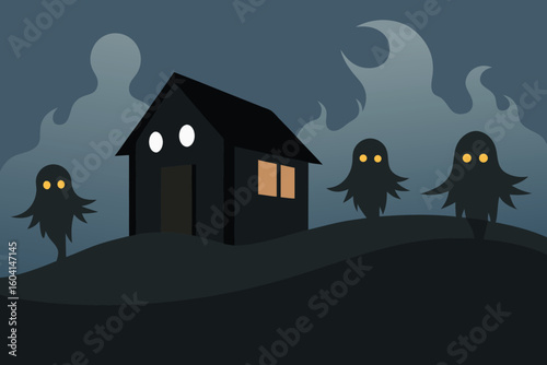 A spooky haunted house on a hill swarmed by eerie ghosts at night.