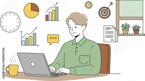 Young man working remotely on laptop at home, analyzing graphs, data, productivity charts, achieving goals, planning tasks, time management, digital marketing, freelance business success