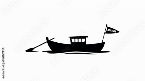 Simple black silhouette of a small boat on a clean white background ideal for maritime themes
