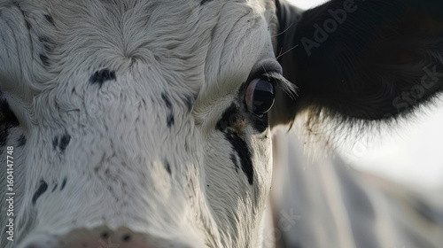A white cow with black spots, its fur gently moving in the wind