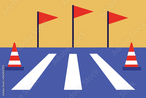 Flat Design Road Race Finish Line with Flags and Cones