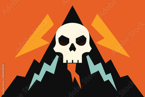 Retro Skull Mountain Lightning Bolt Danger Symbol Graphic Design Art