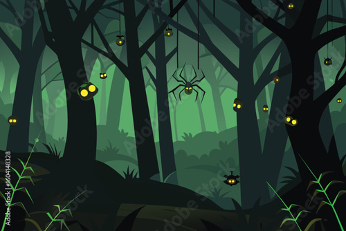 Spooky Halloween Forest Scene: Dark Cartoon Illustration