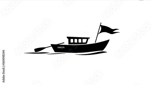 Simple black silhouette of a small boat on a clean white background