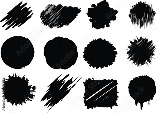 Abstract black ink blot collection a set of grunge paint splashes and stains, perfect for artistic design elements or decorative patterns