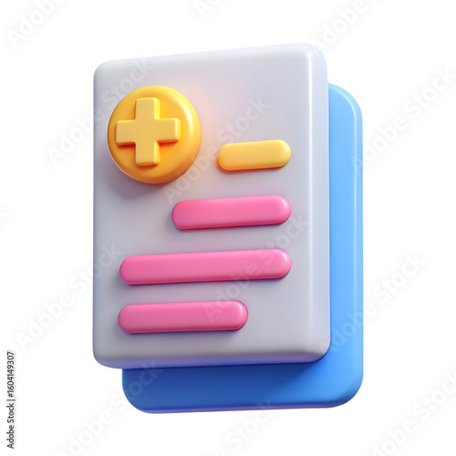 3d medical report document with health icon isolated on transparent background