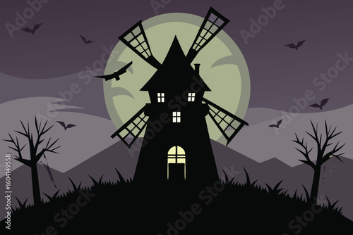 Spooky Silhouette Windmill Halloween Night Scene Illustration