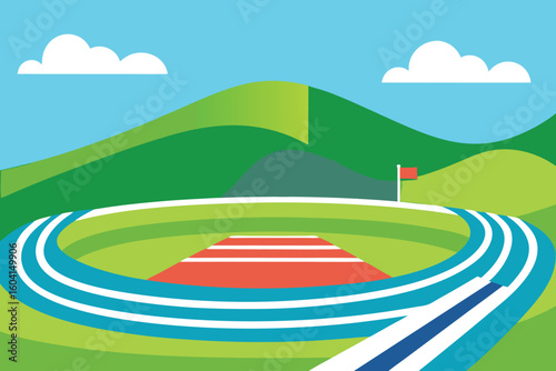 Flat Design Athletic Stadium Illustration: Green Hills, Running Track, Blue Lanes