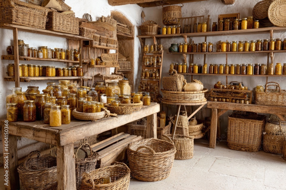 Fototapeta premium Rustic pantry stocked with jars of preserves