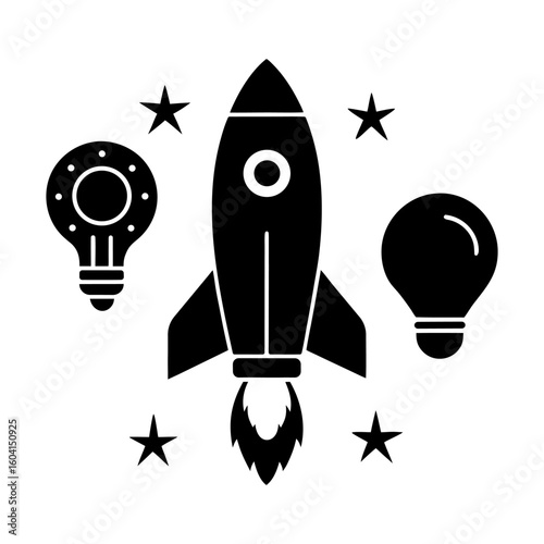 Startup Icon Pack – Rocket, Light Bulb, Presentation on White.