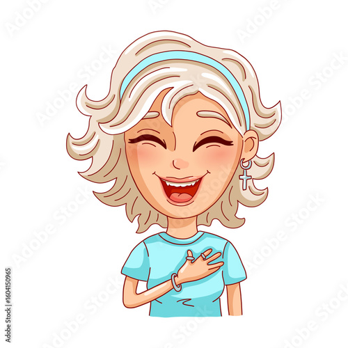 Female person is laughing on white background. Vector illustration. 