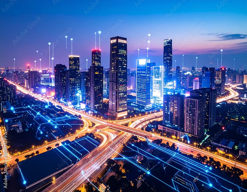 Fototapeta premium Aerial view of a city at night with a digital network overlay