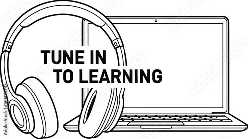 Vector art of a set of headphones rests beside an open laptop, inviting users to tune in to learning