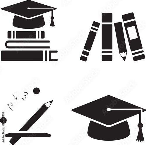 A sat of Education and learning icons featuring graduation caps and books