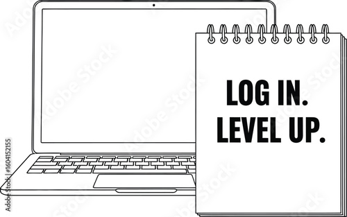 Vector art of a laptop sits next to a notebook, encouraging users to log in and level up their skills