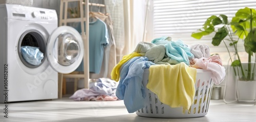 The washing machine and laundry basket filled with freshly washed clothes.