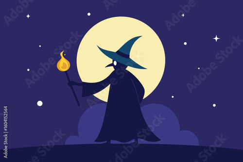 Mystical wizard figure with a radiant torch against a bright full moon, symbolizing ancient magic and nocturnal enchantment.