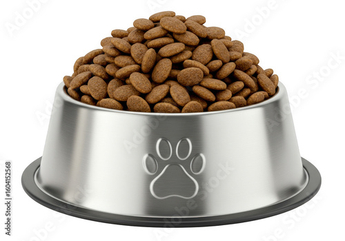 A full silver metal dog bowl filled with dry kibble dog food isolated on transparent background
