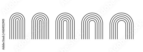 Line abstract arch set. Boho zen arch collection. Simple stroke rainbow. Geometric abstract shapes. Linear design element in modern aesthetic style. Vector illustration isolated on white background.