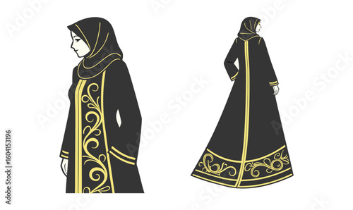 Black Abaya with Gold Trim Traditional Islamic Women's Fashion Illustration