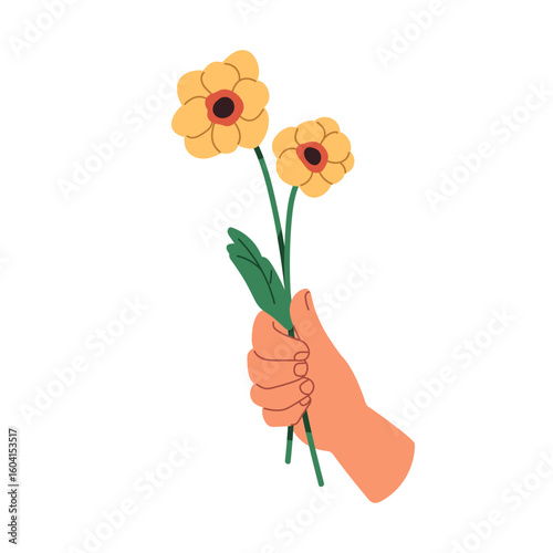 Hand holding flower stems. Gentle delicate spring blossoms. Giving floral gif...