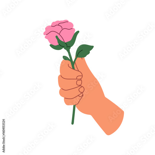 Flower in hand. Holding single rose blossom, stem. Romantic gorgeous gentle b...