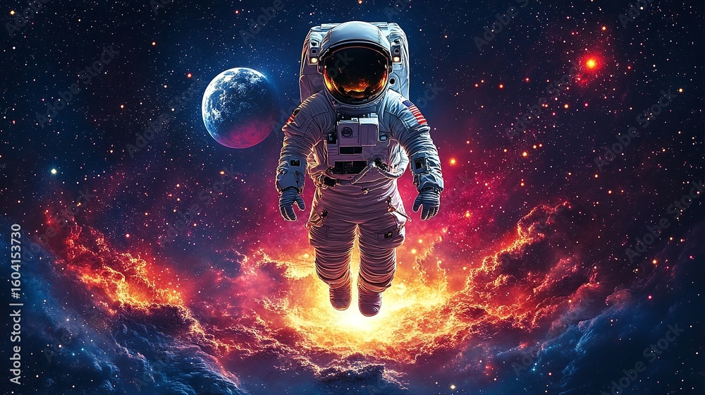 Naklejka premium Astronaut soaring through a vibrant nebula in the vast expanse of space.