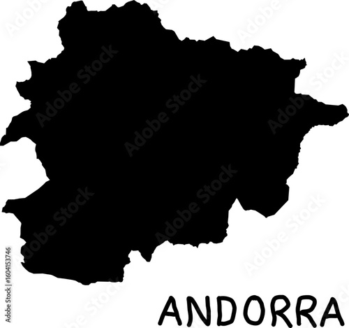 Solid black silhouette map of Andorra with clean edges on a white background. Ideal for educational, infographic, geographic, and vector-based design use.