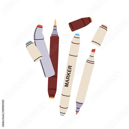 Markers and fine liners. Art supplies for writing, drawing. Felt-tip pens with open caps. Artistic tools, stationery for sketching, calligraphy. Flat vector illustration isolated on white background