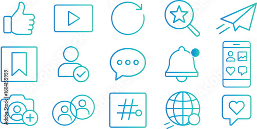 Social Media Icons Set Like, Play, Bookmark, Share, User, Chat, Bell, Phone, Camera, Hashtag