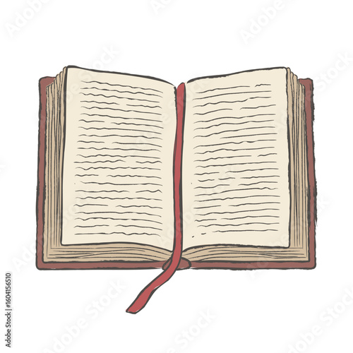 Hand drawn open book with vintage pages and red ribbon bookmark in sketch style. Сozy aesthetic vector hand drawn illustration for education, libraries, journaling, storytelling.