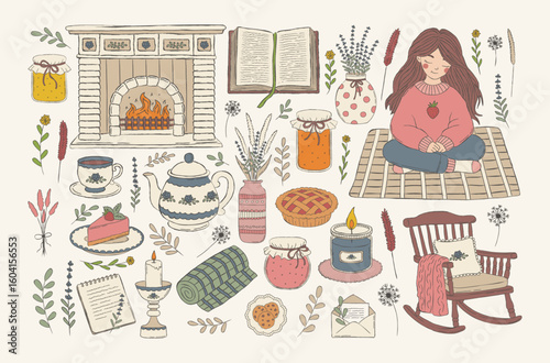 Cozy cottagecore hygge illustration set with girl meditating, tea set, fireplace, rocking chair, candles, books, desserts, jam jars, flowers, warm home decor. Soft hand drawn vector collection.