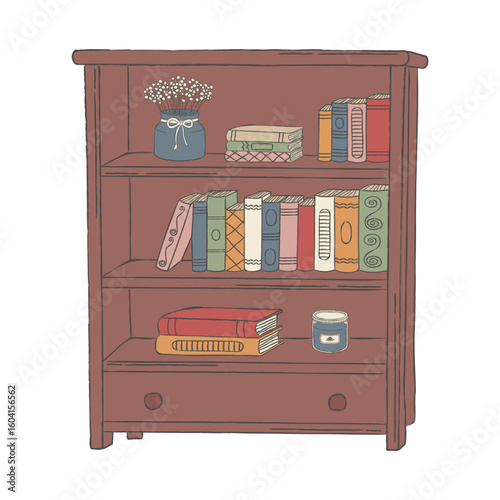 Vintage wooden bookcase with colorful books, flower vase, candle. Cozy cottagecore bookshelf vector illustration. Hand drawn pastel home decor.